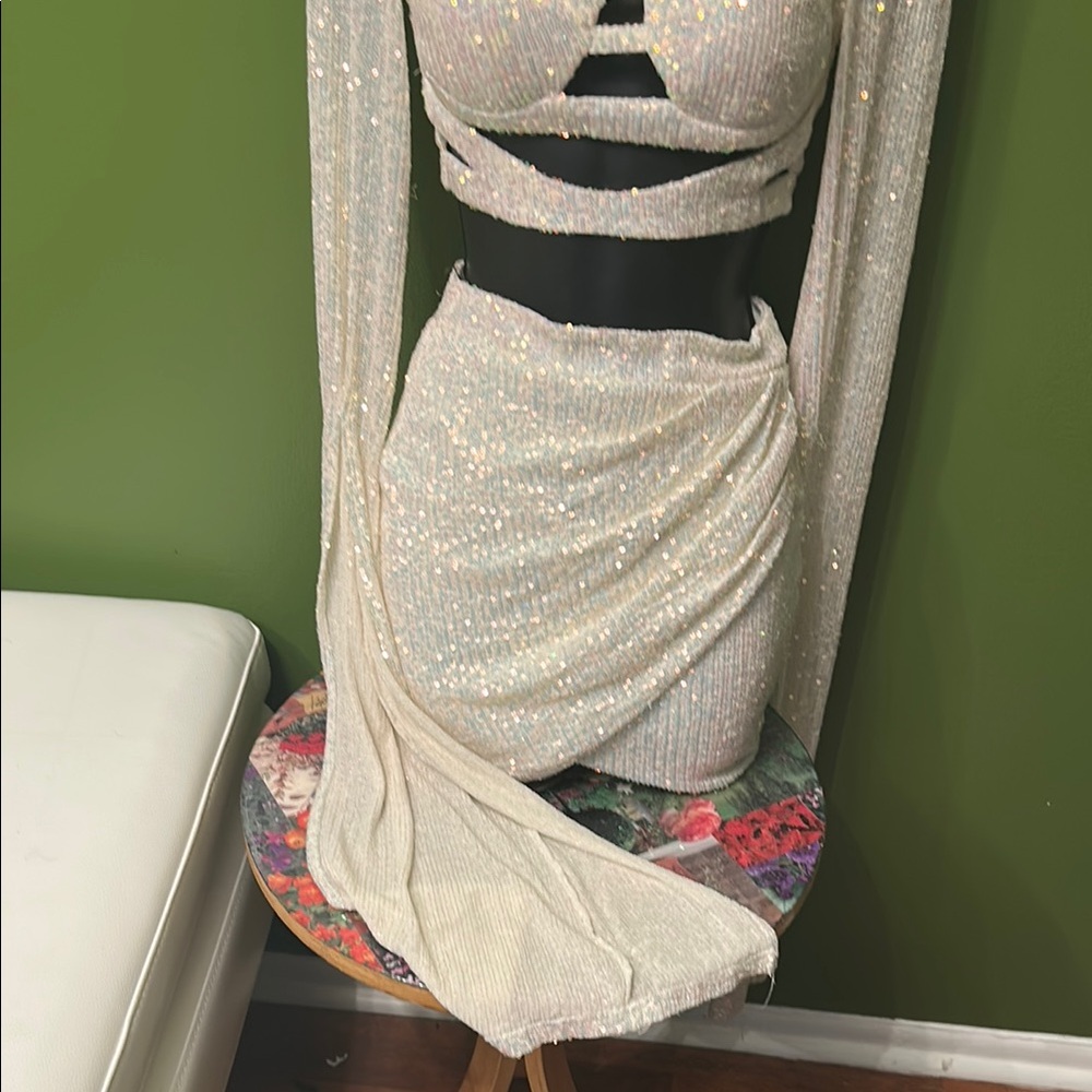 Fashion Nova Cream Embellished Wrap Mini Skirt & top with long sleeve with slits - Picture 5 of 10